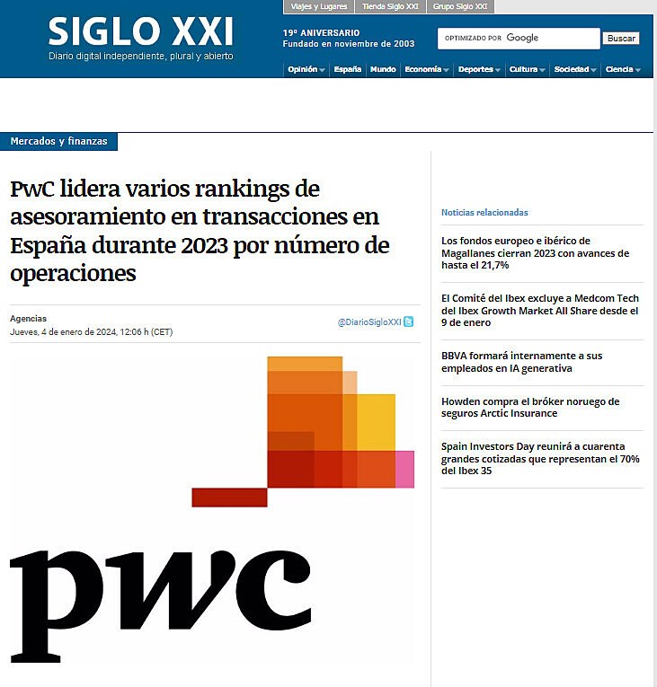 PwC lidera varios rankings de asesoramiento en transacciones en Espaa durante 2023 por nmero de operaciones